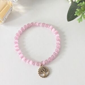 PINK Cat Eye Bead Stretch Bracelet with Tree of Life Charm | New & Handcrafted